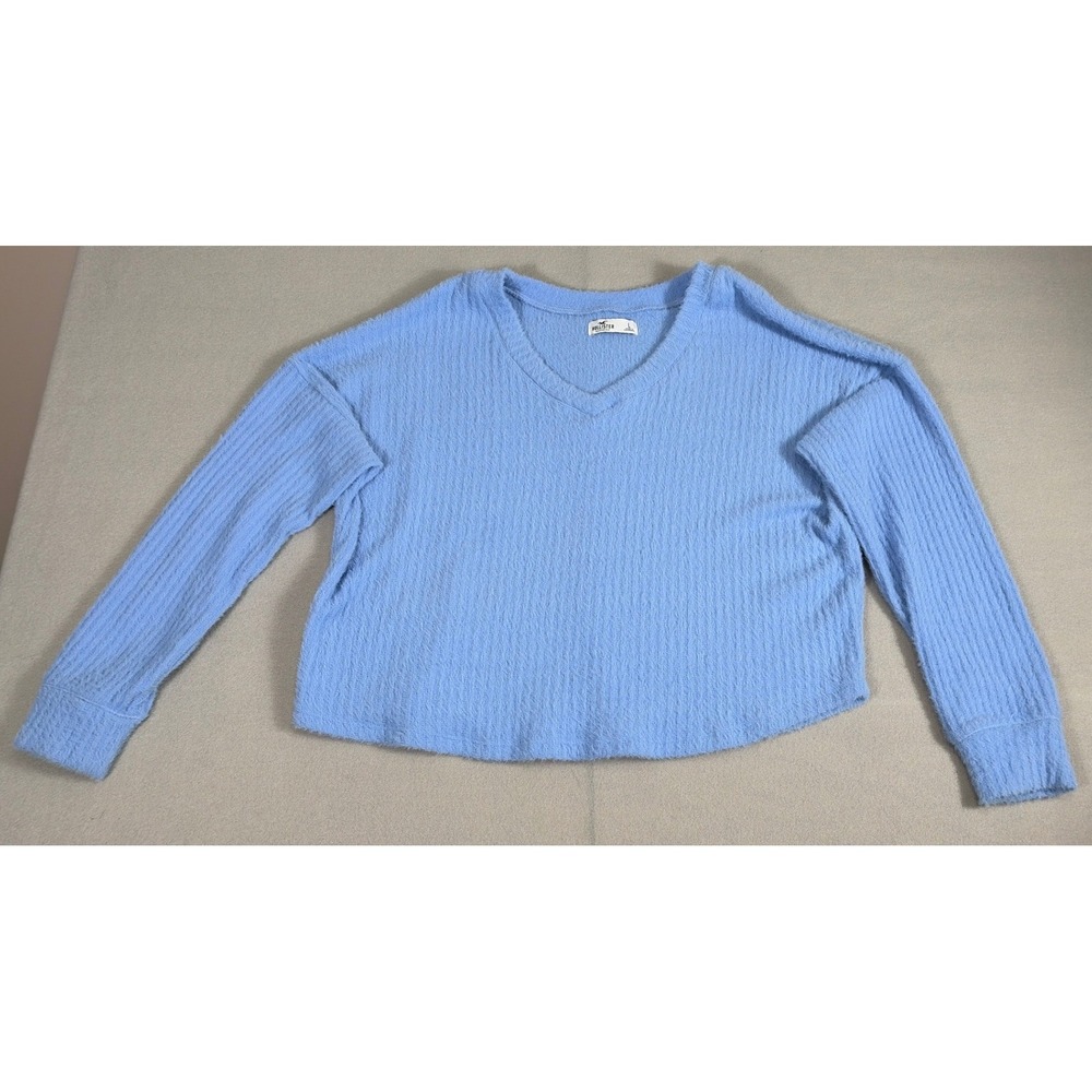 Hollister Womens Blue‎ Fuzzy V-Neck Ribbed Sweater Large Relaxed Fit Crop 0471